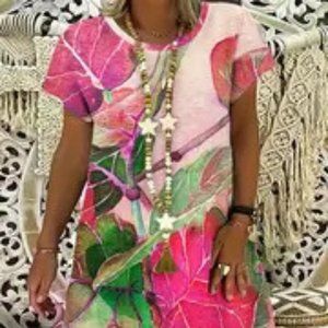 Plus Size Color Block Plant Print Dress